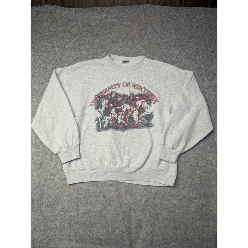 Vintage University Of Wisconsin Mens Large Gray Crewneck Sweatshirt Embroidered